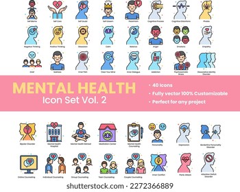 2D Icon Set Illustration Mental Health, Psychology, illness, Therapy, mental state, negative thinking, phobia, help, psychiatrist, stress, counseling, counselling. 