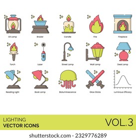 2D Icon set lighting illustration includes lamp, candle, light, electronic, electricity 