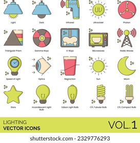 2D Icon set lighting illustration includes lamp, candle, light, electronic, electricity 