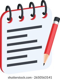 Um ícone 2D de um bloco de notas branco em espiral com várias linhas de texto, acompanhado por um vibrante lápis vermelho. Esta ilustração versátil é perfeita para transmitir temas de anotações, geração de ideias, 