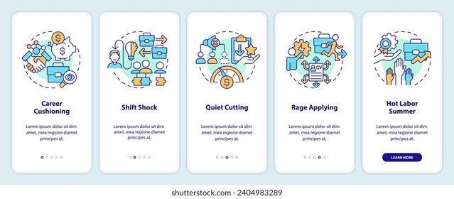 2D icons representing adaptation and career transitions mobile app screen set. Walkthrough 5 steps colorful graphic instructions with thin line icons concept, UI, UX, GUI template.