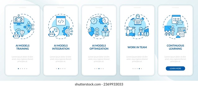 2D icons representing AI engineer mobile app screen set. Walkthrough 5 steps blue graphic instructions with line icons concept, UI, UX, GUI template.