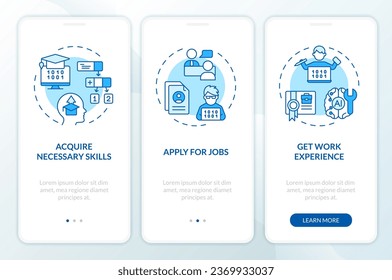 2D icons representing AI engineer mobile app screen set. Walkthrough 3 steps blue graphic instructions with thin line icons concept, UI, UX, GUI template.