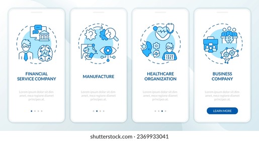 2D icons representing AI engineer mobile app screen set. Walkthrough 4 steps blue graphic instructions with line icons concept, UI, UX, GUI template.