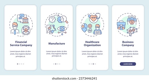 2D icons representing AI engineer mobile app screen set. Walkthrough 4 steps colorful graphic instructions with thin line icons concept, UI, UX, GUI template.