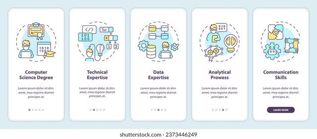 Iconos 2D que representan el conjunto de pantalla de aplicación móvil de ingeniero de IA. Recorrido 5 pasos instrucciones gráficas multicolor con el concepto de iconos lineales finos, UI, UX, plantilla GUI.