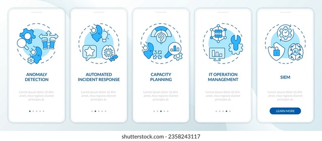 2D icons representing AI ops mobile app screen set. Walkthrough 5 steps blue graphic instructions with line icons concept, UI, UX, GUI template.