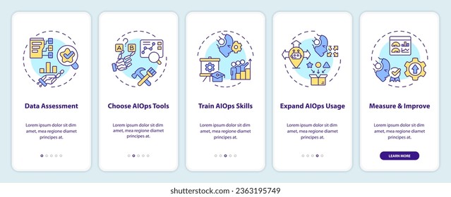 2D icons representing AI ops mobile app screen set. Walkthrough 5 steps colorful graphic instructions with line icons concept, UI, UX, GUI template.