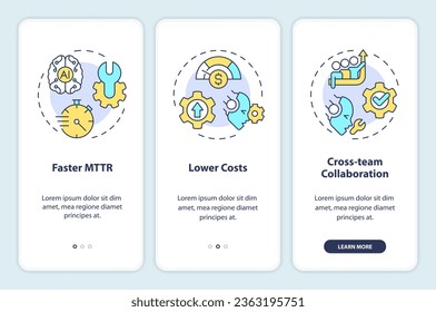 2D icons representing AI ops mobile app screen set. Walkthrough 3 steps colorful graphic instructions with thin line icons concept, UI, UX, GUI template.
