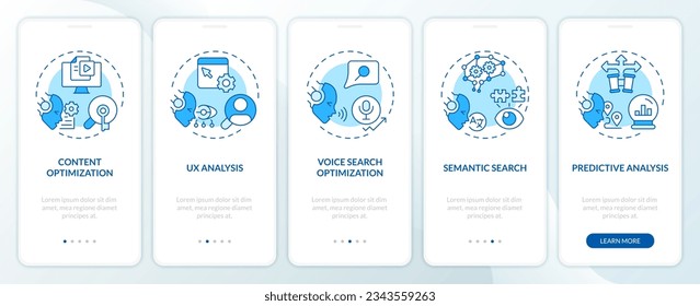 2D icons representing AI for SEO mobile app screen set. Walkthrough 5 steps blue graphic instructions with thin line icons concept, UI, UX, GUI template.