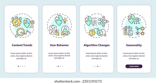 2D icons representing AI for SEO mobile app screen set. Walkthrough 4 steps multicolor graphic instructions with thin line icons concept, UI, UX, GUI template.