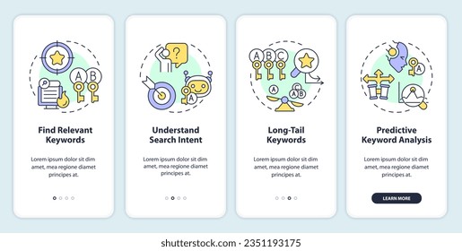 2D icons representing AI for SEO mobile app screen set. Walkthrough 4 steps multicolor graphic instructions with line icons concept, UI, UX, GUI template.