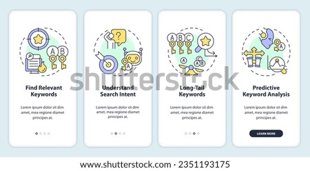 2D icons representing AI for SEO mobile app screen set. Walkthrough 4 steps multicolor graphic instructions with line icons concept, UI, UX, GUI template.