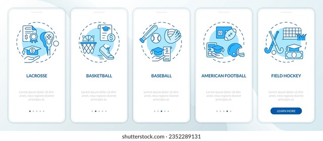 2D icons representing athletic scholarship mobile app screen set. Walkthrough 5 steps blue graphic instructions with thin linear icons concept, UI, UX, GUI template.