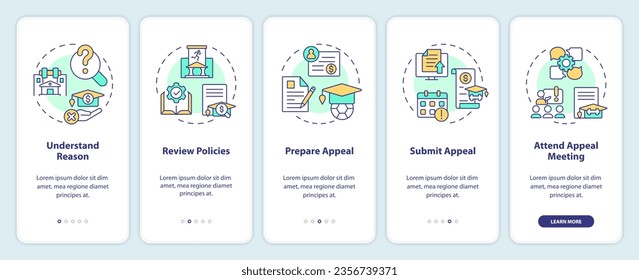 2D icons representing athletic scholarship mobile app screen set. Walkthrough 5 steps colorful graphic instructions with linear icons concept, UI, UX, GUI template.