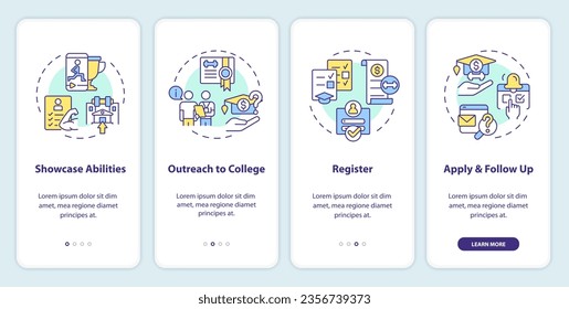 2D icons representing athletic scholarship mobile app screen set. Walkthrough 4 steps multicolor graphic instructions with thin line icons concept, UI, UX, GUI template.
