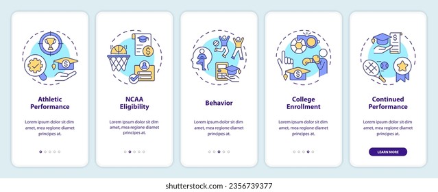 2D icons representing athletic scholarship mobile app screen set. Walkthrough 5 steps colorful graphic instructions with line icons concept, UI, UX, GUI template.