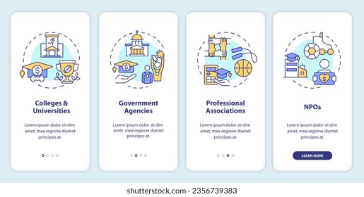 2D icons representing athletic scholarship mobile app screen set. Walkthrough 4 steps multicolor graphic instructions with linear icons concept, UI, UX, GUI template.
