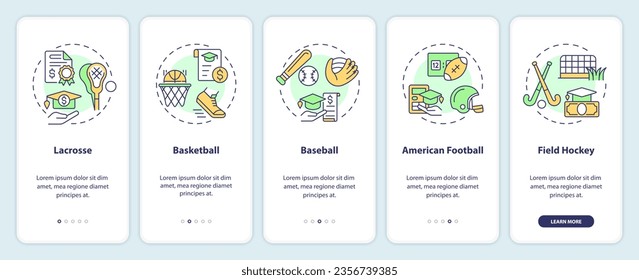 2D icons representing athletic scholarship mobile app screen set. Walkthrough 5 steps colorful graphic instructions with thin line icons concept, UI, UX, GUI template.