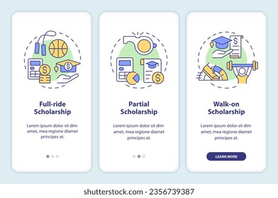 2D icons representing athletic scholarship mobile app screen set. Walkthrough 3 steps multicolor graphic instructions with thin line icons concept, UI, UX, GUI template.