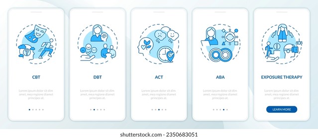 2D icons representing behavioral therapy mobile app screen set. Walkthrough 5 steps blue graphic instructions with linear icons concept, UI, UX, GUI template.