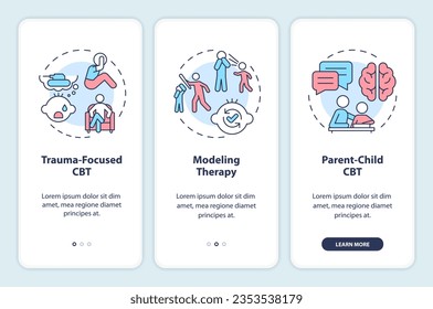 2D icons representing behavioral therapy mobile app screen set. Walkthrough 3 steps colorful graphic instructions with line icons concept, UI, UX, GUI template.