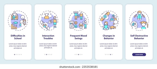 2D icons representing behavioral therapy mobile app screen set. Walkthrough 5 steps colorful graphic instructions with line icons concept, UI, UX, GUI template.