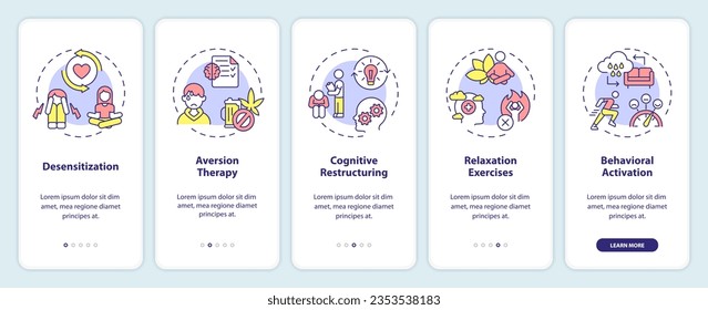 2D icons representing behavioral therapy mobile app screen set. Walkthrough 5 steps colorful graphic instructions with thin line icons concept, UI, UX, GUI template.