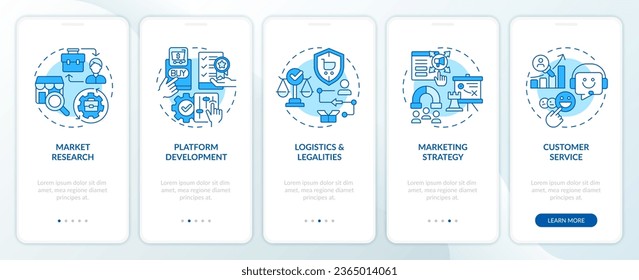 2D icons representing C2C mobile app screen set. Walkthrough 5 steps blue graphic instructions with line icons concept, UI, UX, GUI template.