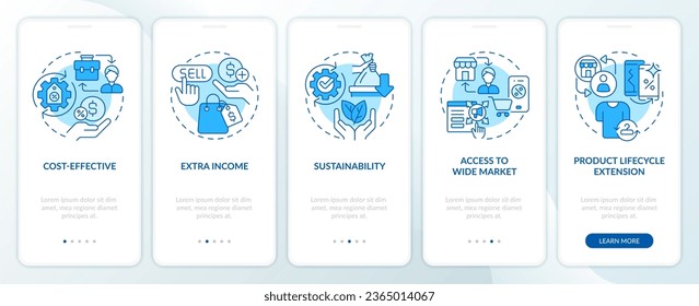 Iconos 2D que representan el conjunto de pantalla de la aplicación móvil C2C. Recorrido de 5 pasos instrucciones gráficas azules con el concepto de iconos lineales delgados simples, UI, UX, plantilla GUI.