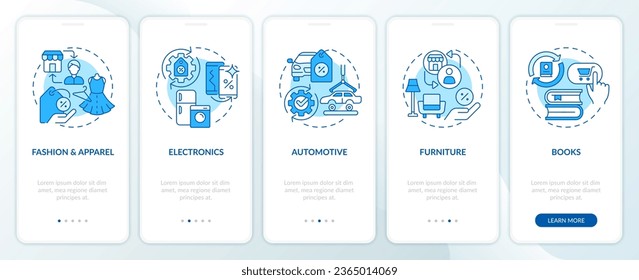 2D icons representing C2C mobile app screen set. Walkthrough 5 steps blue graphic instructions with line icons concept, UI, UX, GUI template.