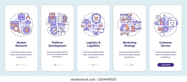 2D icons representing C2C mobile app screen set. Walkthrough 5 steps multicolor graphic instructions with linear icons concept, UI, UX, GUI template.