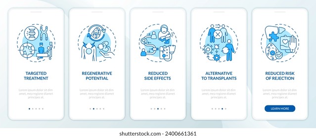 Iconos 2D que representan terapia celular beneficia al conjunto de pantalla de aplicación móvil. Recorrido 5 pasos instrucciones gráficas azules con el concepto de iconos de línea, UI, UX, plantilla GUI.