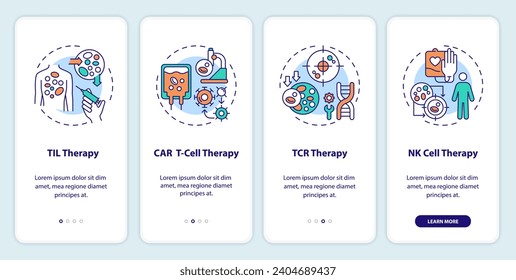 2D icons representing cell therapy types of immunotherapy mobile app screen set. Walkthrough 4 steps multicolor graphic instructions with thin line icons concept, UI, UX, GUI template.