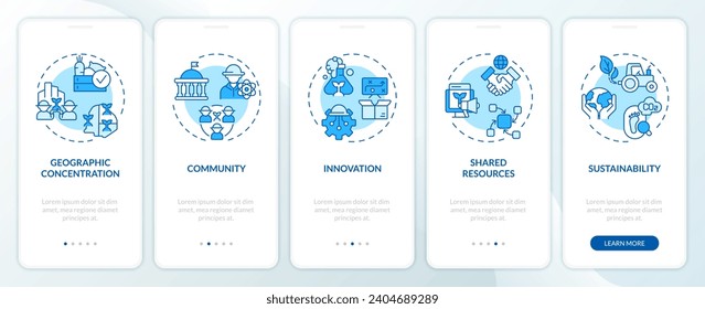 Iconos 2D que representan las características de los clústeres agroalimentarios de aplicaciones móviles conjunto de pantalla. Recorrido 5 pasos instrucciones gráficas azules con el concepto de iconos de línea delgada, UI, UX, plantilla GUI.