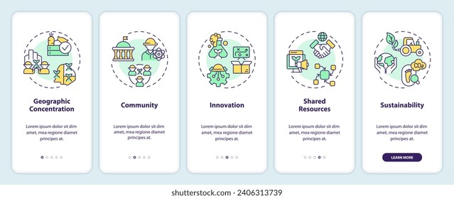 Iconos 2D que representan las características de los clústeres agroalimentarios de aplicaciones móviles conjunto de pantalla. Recorrido 5 pasos instrucciones gráficas multicolor con el concepto de iconos de línea delgada, UI, UX, plantilla GUI.