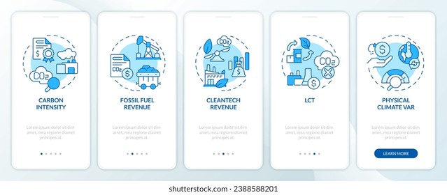 2D icons representing climate metrics mobile app screen set. Walkthrough 5 steps blue graphic instructions with thin line icons concept, UI, UX, GUI template.