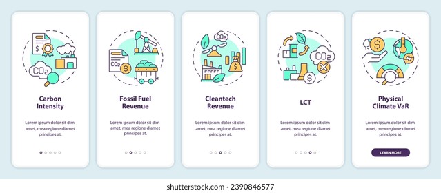 Iconos 2D que representan la pantalla de aplicación móvil de medición del clima. Recorrido 5 pasos instrucciones gráficas coloridas con el concepto de iconos de línea delgada, UI, UX, plantilla GUI.