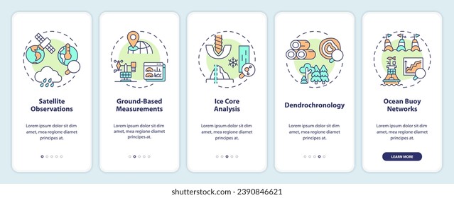 2D icons representing climate metrics mobile app screen set. Walkthrough 5 steps multicolor graphic instructions with line icons concept, UI, UX, GUI template.