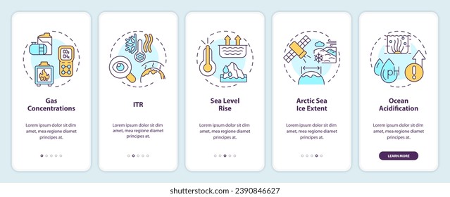 2D icons representing climate metrics mobile app screen set. Walkthrough 5 steps multicolor graphic instructions with thin line icons concept, UI, UX, GUI template.