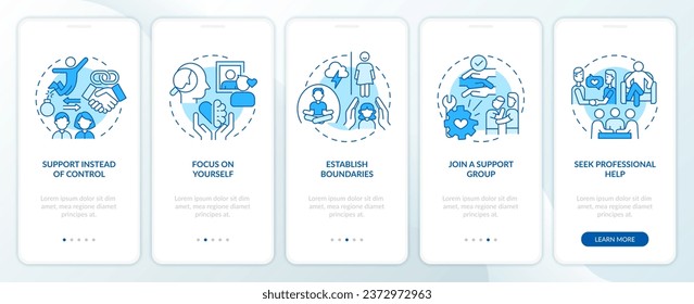 Iconos 2D que representan la relación codependiente de la pantalla de aplicación móvil. Recorrido 5 pasos instrucciones gráficas azules con el concepto de iconos de línea, UI, UX, plantilla GUI.