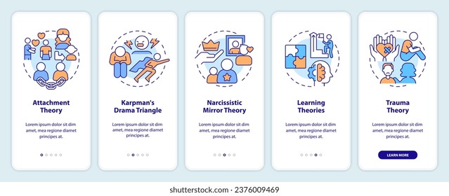 2D icons representing codependent relationship mobile app screen set. Walkthrough 5 steps multicolor graphic instructions with line icons concept, UI, UX, GUI template.