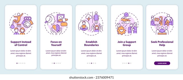 2D icons representing codependent relationship mobile app screen set. Walkthrough 5 steps colorful graphic instructions with line icons concept, UI, UX, GUI template.