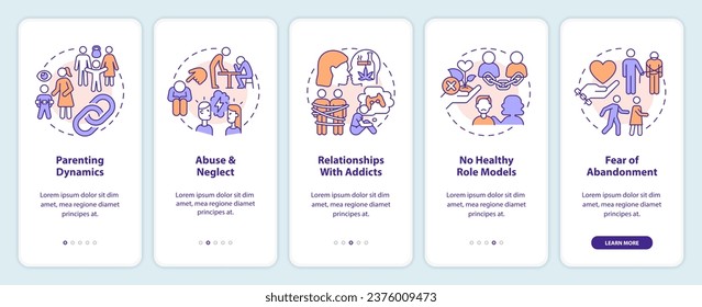 2D icons representing codependent relationship mobile app screen set. Walkthrough 5 steps multicolor graphic instructions with linear icons concept, UI, UX, GUI template.