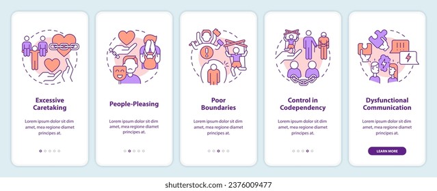 2D icons representing codependent relationship mobile app screen set. Walkthrough 5 steps multicolor graphic instructions with thin line icons concept, UI, UX, GUI template.