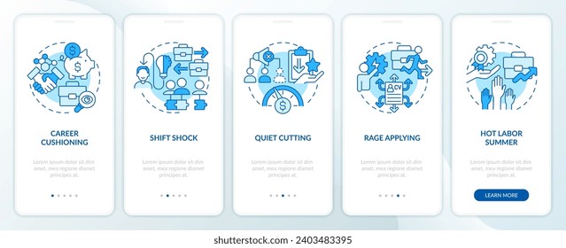 2D icons representing cognitive computing work mobile app screen set. Walkthrough 5 steps blue graphic instructions with thin line icons concept, UI, UX, GUI template.