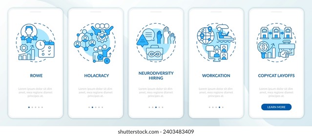 2D icons representing cognitive computing advantages mobile app screen set. Walkthrough 5 steps blue graphic instructions with linear icons concept, UI, UX, GUI template.