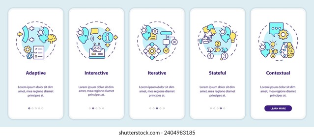 2D icons representing cognitive computing features mobile app screen set. Walkthrough 5 steps multicolor graphic instructions with thin line icons concept, UI, UX, GUI template.