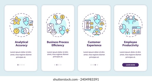 2D icons representing cognitive computing advantages mobile app screen set. Walkthrough 4 steps multicolor graphic instructions with linear icons concept, UI, UX, GUI template.