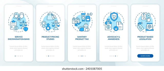 2D icons representing combating pink tax mobile app screen set. Walkthrough 5 steps blue graphic instructions with linear icons concept, UI, UX, GUI template.